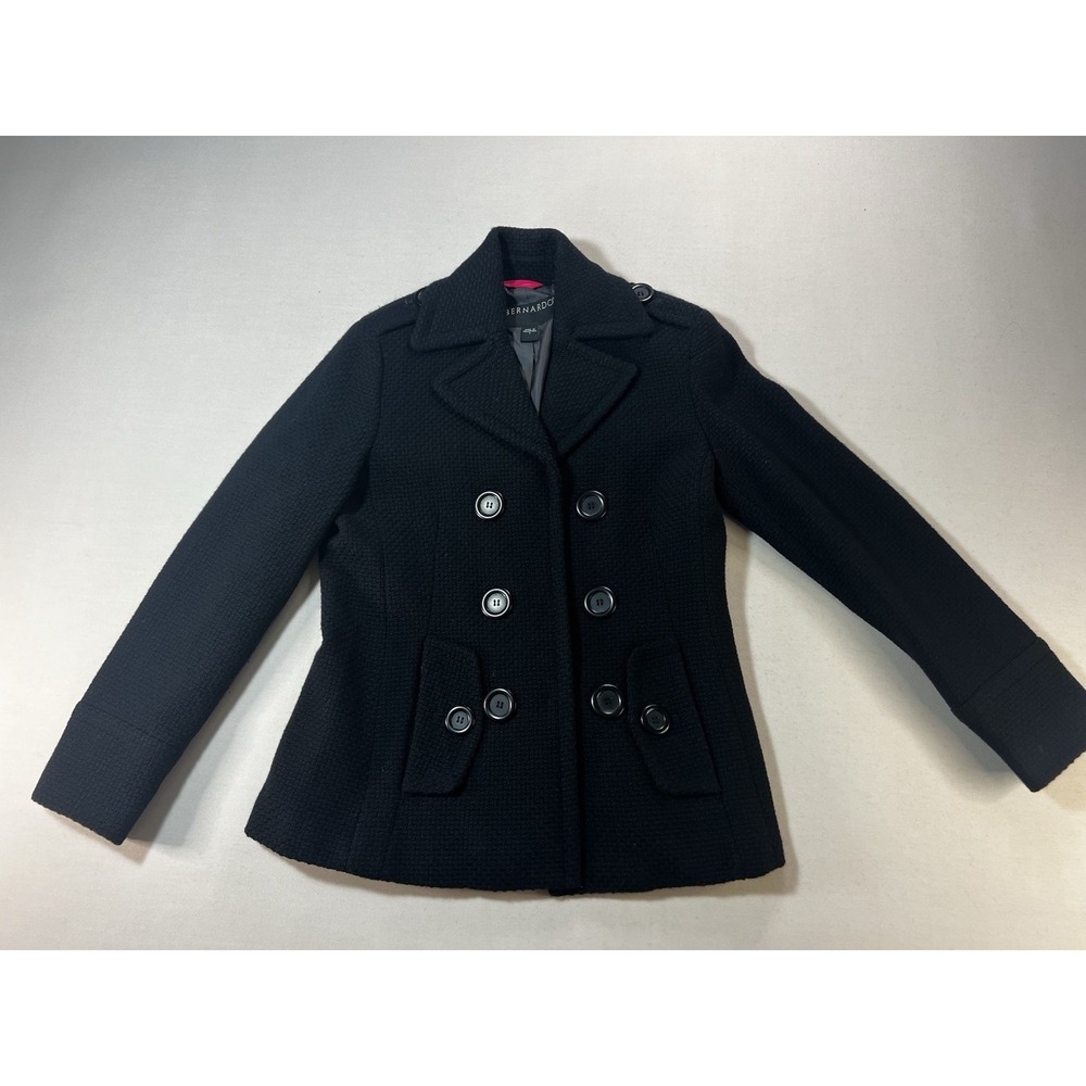 Bernardo Womens Black Wool Blend Double Breasted Pea Coat Jacket Size S